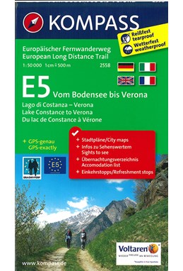Europäischer Fernwanderweg E5 vom Bodensee bis Verona, Kompass Wanderkarte 2558