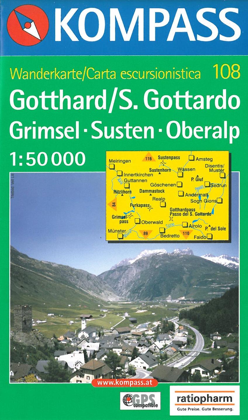 Gotthard-Grimsel-Susten-Furka-Oberalp, Kompass Wanderkarte 108 1:50 000