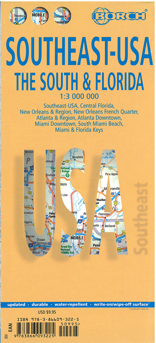 Southeast USA: The South & Florida, Borch Map (lamineret) 1:3 mill.