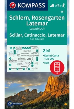 Schlern, Rosengarten, Latemar, Lavazejoch / Sciliar, Catinaccio, Latemar, Passo di Lavaze. Kompass Wanderkarte 651