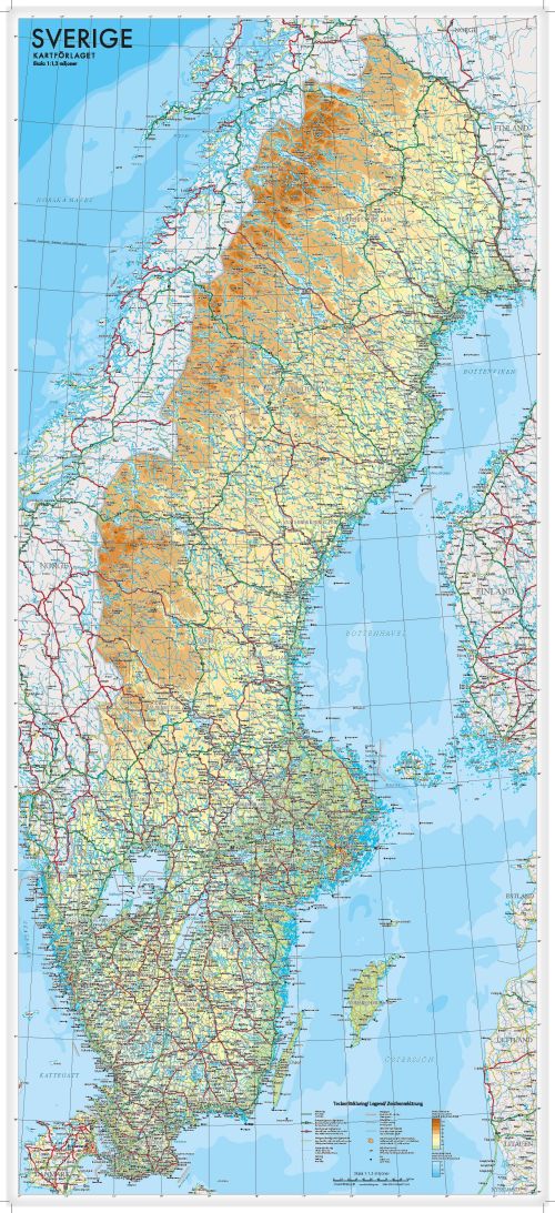 Sverige väggkarta (plano i paprør) 1:1.300.000  (papir) 55 x 123 cm